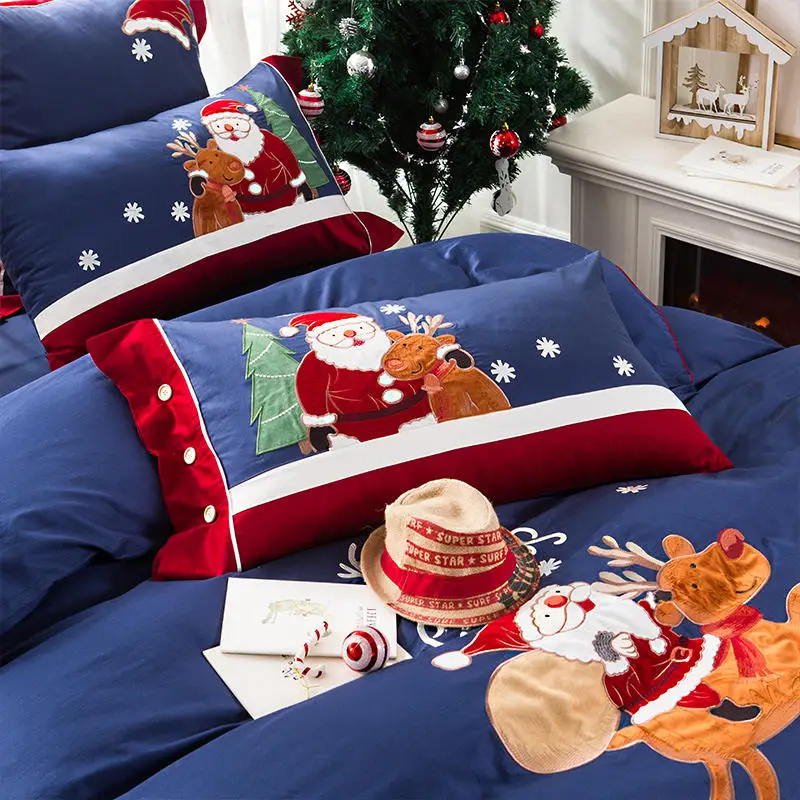 Рождественский Комплект постельного белья из хлопка, пододеяльник, простыня, простыня, синий, розовый, parrure de lit ropa de cama