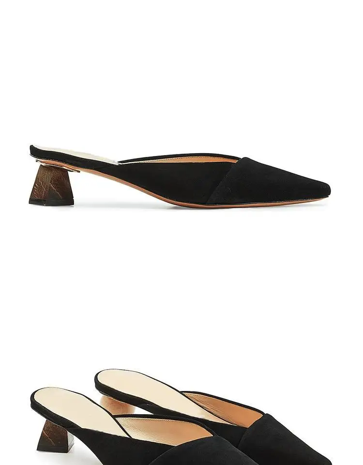 Black Beige Suede Slippers Pointed Toe Chic Sewing Upper Slides Women Fashion Asymmetry Block Heel High Heels Shoes Woman Loafer