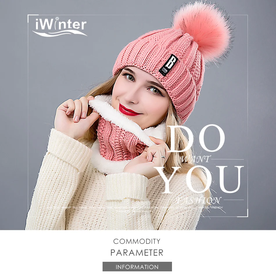 Iwinter Новинка года Skullies шапочки Для женщин зимние Шапки трикотажные Мех мяч pom теплый крючком Шапки Двойка унисекс Шапки Шарфы