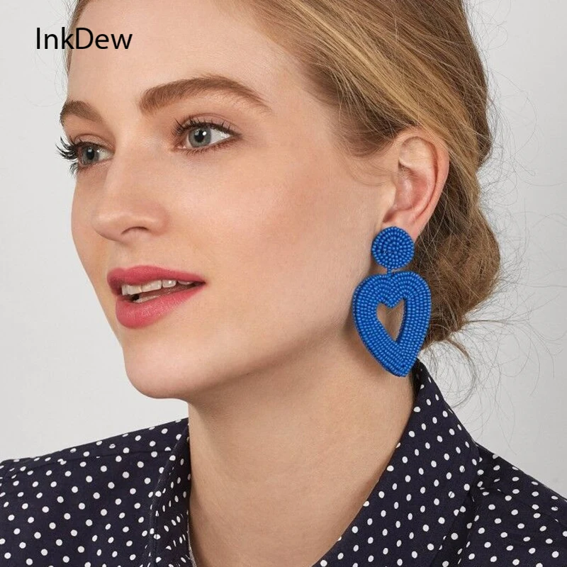 

INKDEW Love Heart Earrings Ethnic Bohemia Spring Drop Earrings for Women Beads Handmade Long Big Earrings Fashion Jewelry boho
