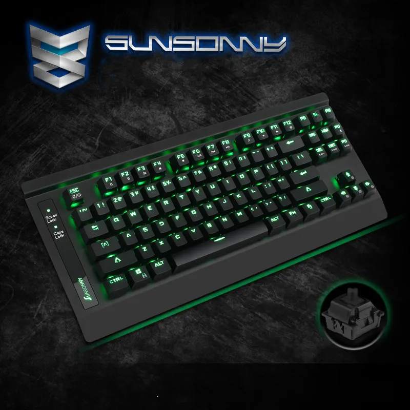 

SUNSONNY K1 Green Backlight Mechanical Gaming keyboard 87 Keys Outemu Switches Wired USB Keyboard with Hand-holder for Gamer