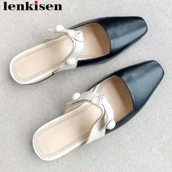

Lenkisen genuine leather mixed colors decoration low heels slip on mules square toe large size concise style gathering shoes L20