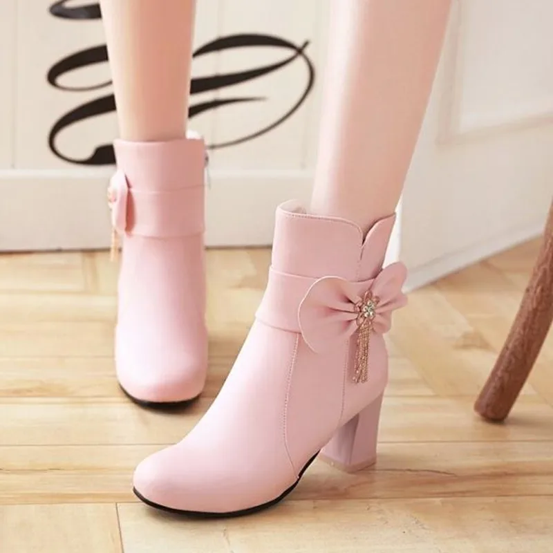 

New fashion in autumn and winter super high and sweet bow Martin boots pink round head high heel women boots