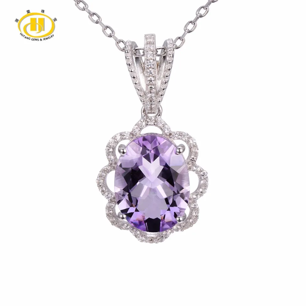 Hutang 5.05ct Natural Gemstone Brazilian Amethyst Solid 925 Sterling Silver Pendant & Necklace