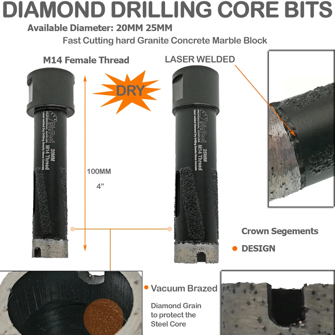 DIATOOL 1pc Laser Welded Diamond Dry Drilling Core Bits M14 Connection Drill Bits For Drilling Hard Granite Marble Hole Saw