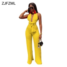 ZJFZML Sexy Backless Lace Up Bodycon Jumpsuit Women Deep V Neck Sleeveless Party Club Bodysuit 2018 Casual Solid Wide Leg Romper