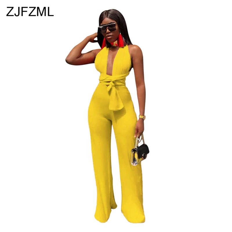 ZJFZML Sexy Backless Lace Up Bodycon Jumpsuit Women Deep V Neck Sleeveless Party Club Bodysuit 2018 Casual Solid Wide Leg Romper