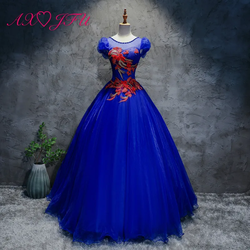 

AXJFU princess Royal Blue lace crystal evening dress luxury vintage stage beading red flower o neck Royal Blue evening dress