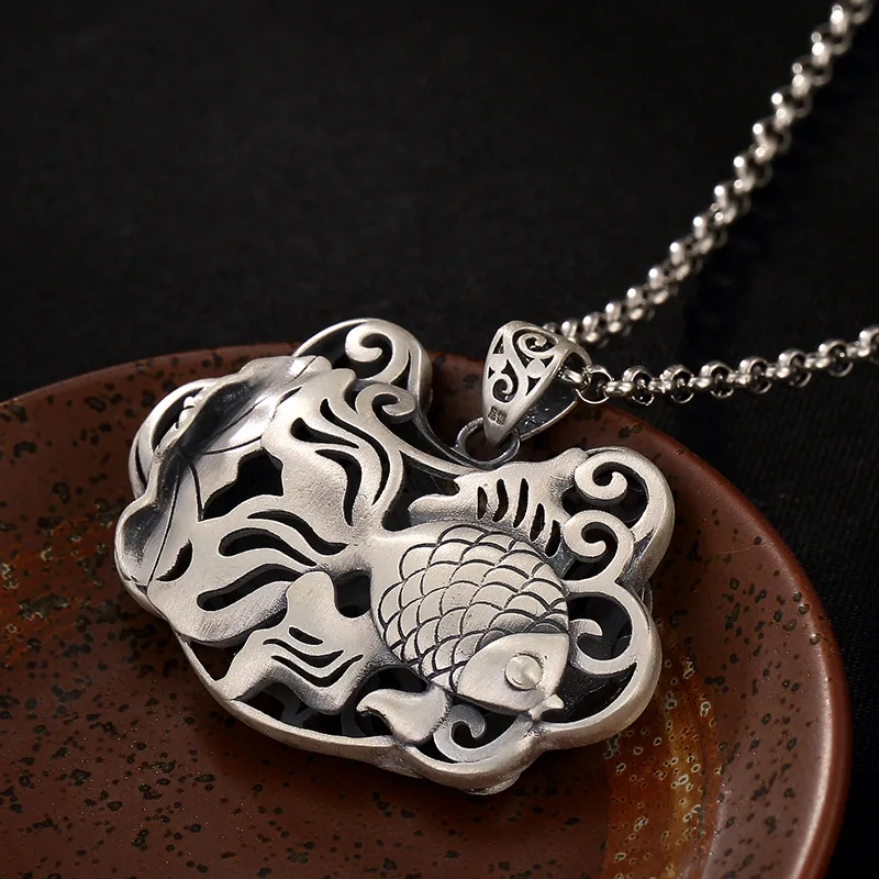 

925 Sterling Silver Fish PendantHollow Design Retro Antique Pendant Necklace Gifts For Women Fine Jewelry Piedras Naturales