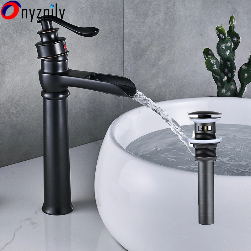 

Rubbed BronzeTall Lavatory Basin Oil Faucet One Handle Deck Mount Mix Tap Drain