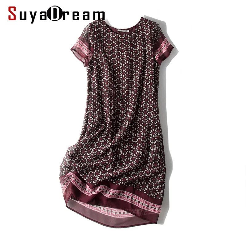 

Women Silk Dress 100%SILK Georgette Printed Dressed O neck Short Sleeved Casual Dresses for Women 2019 Summer Brown