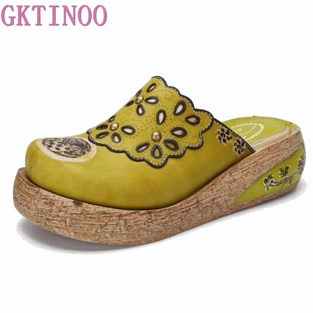 GKTINOO Slippers Genuine Leather Shoes Handmade Slides Flip Flop On The Platform Clogs For Women Women Slippers