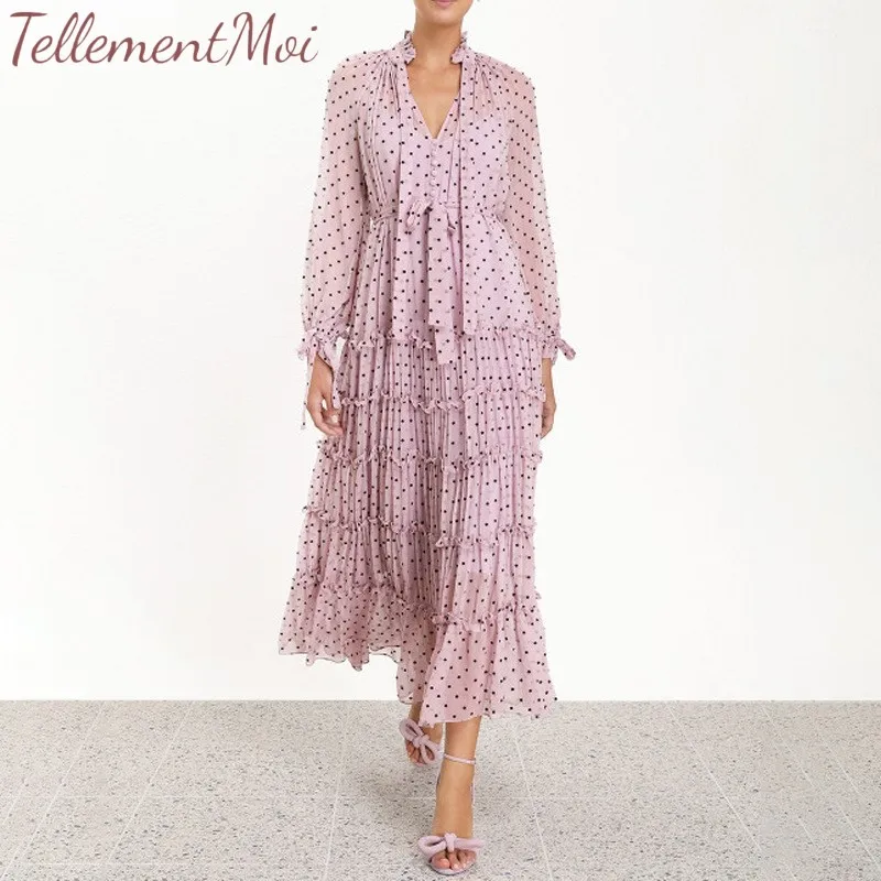 

Dot Female Dresses For Women Chiffon Long Sleeve Dress High Waist Lace Up Ruffles Maxi Dress Holiday Beach Vintage Clothes