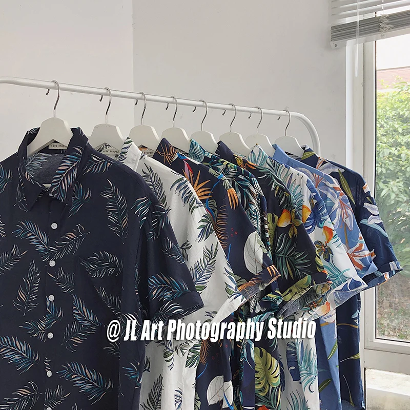 

2019 Summer Fashion Korean Style Streetwear Comfort Cotton Short Sleeve Hawaiian Shirt Men Tops