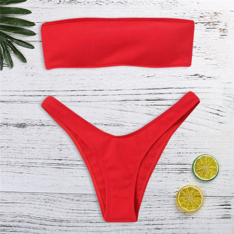 

WATER PRINCESS Women Cut Bandeau Bikini Set High Waist Swimsuit Swimwear Push Up Halter Ribbed female swimsuits separate A30