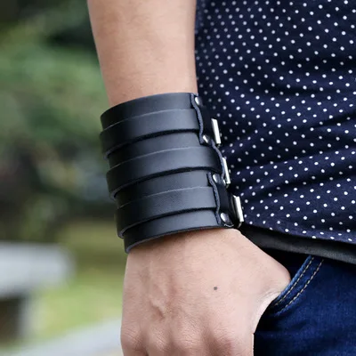 

New Trendy Brand Europe Exaggerated Punk Wide 8CM Black Genuine Leather Bracelet Braided Women Men Wrap Bangle Size Adjustable
