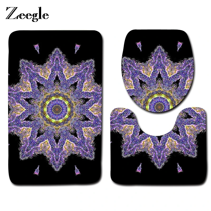 Zeegle Geometric Print Toilet Rug Anti-slip Bath Mat Mandala Boho Print Bathroom Mat 3pcs/set Area Rugs