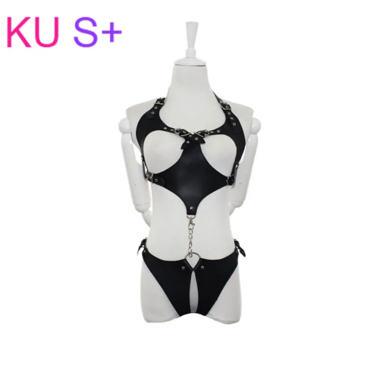 

KU S+ Black Flirt Three-point Type Constraint Leather Exposed Breasts Lingerie & Leash Set Leather Chastity Pants Costumes
