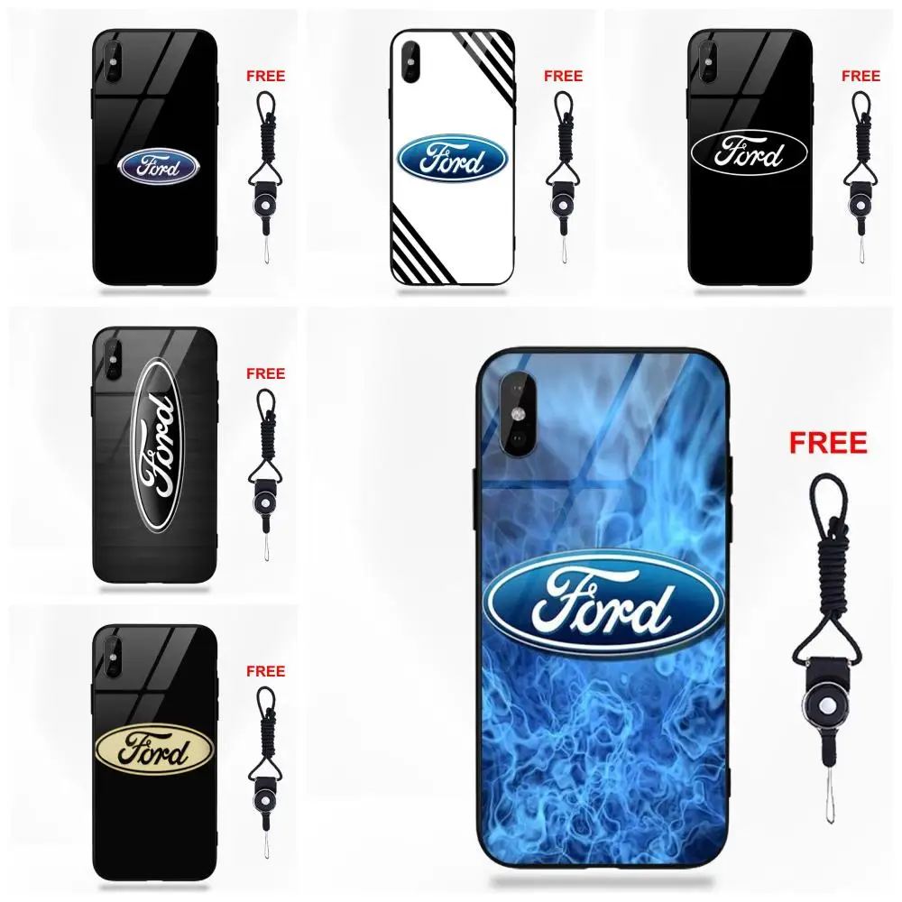 

Ultra Soft TPU Frame+Tempered Glass Pattern Phone Case For Apple iPhone 5 5C 5S SE 6 6S 7 8 Plus X XS Max XR Cool Car Ford Logo