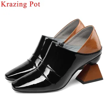 

Krazing Pot high quality European fashion runway zipper full grain leather plus size women pumps mixed colors dress shoes L00