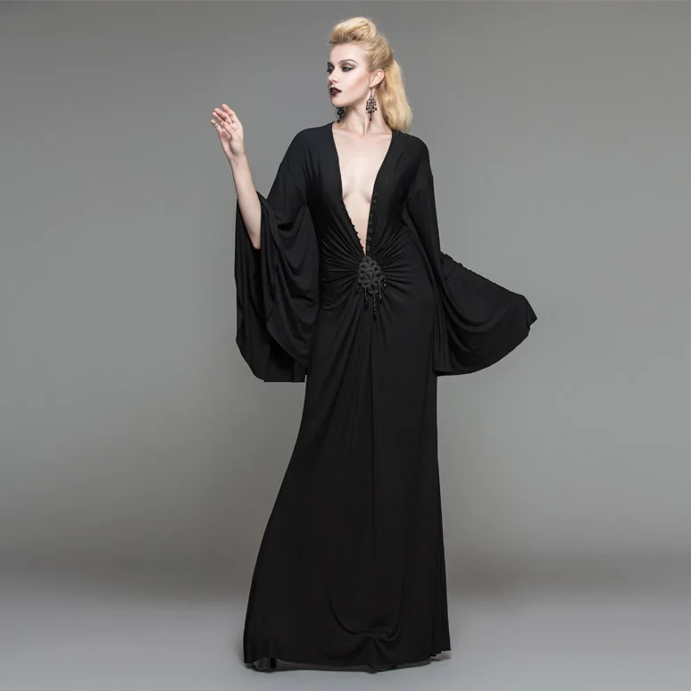 

Devil Fashion Gothic Punk Softer Women's Super Hot Long Dress Visual Kei Dark Deep V Floor-Length Dress Sexy Stretch Long Dress
