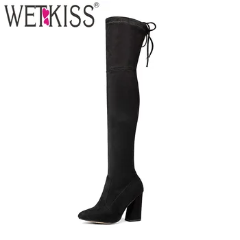 

WETKISS Latest Big Size 34-43 Sexy Flock Woman Over the Knee Boot Thick High Heel Lady Long Boot Fashion Female Shoes Women