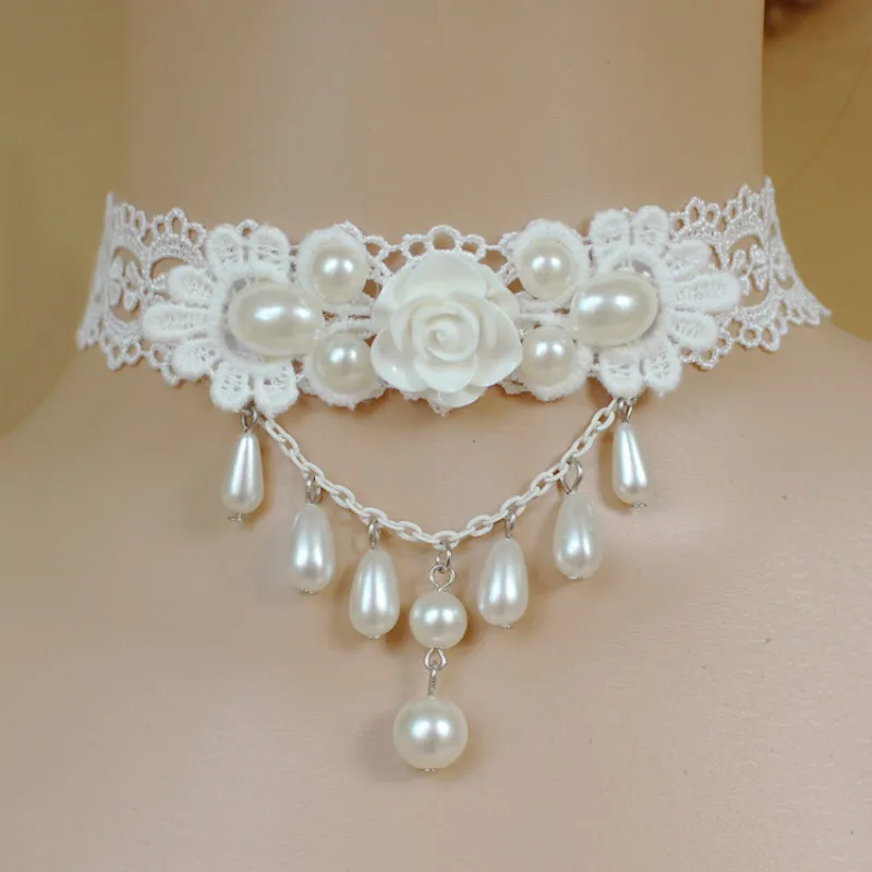 

Sweet White Lace Princess Pearl Necklaces Fashion Personality Charms Pendant Tassel Rose Flower Necklace Women Collars Wedding