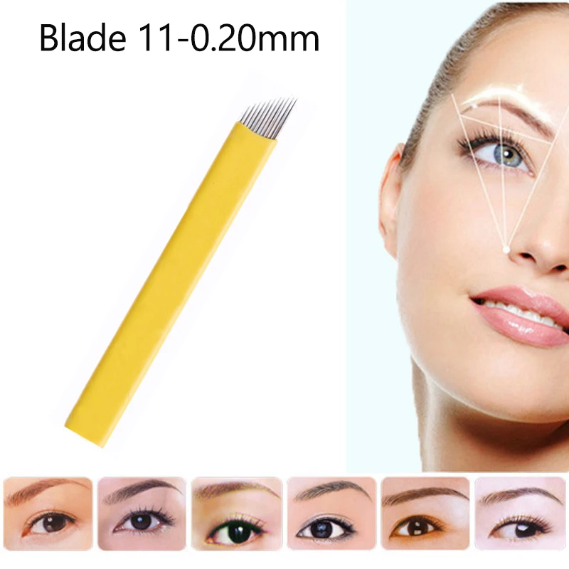 

100 PCS Yellow Laminas Tebori Microblading 11 pin Tattoo Needles Goochi Blade for 3D Embroidery Eyebrow Manual Pen Machine Cheap