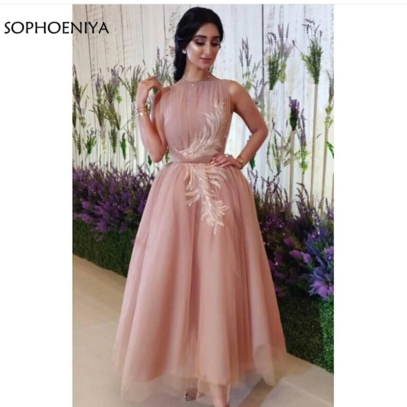 

New Arrival Tulle Dubai Arabic evening dress Pink Lace Appliques evening gown Abiye formal dress Party abendkleider 2019