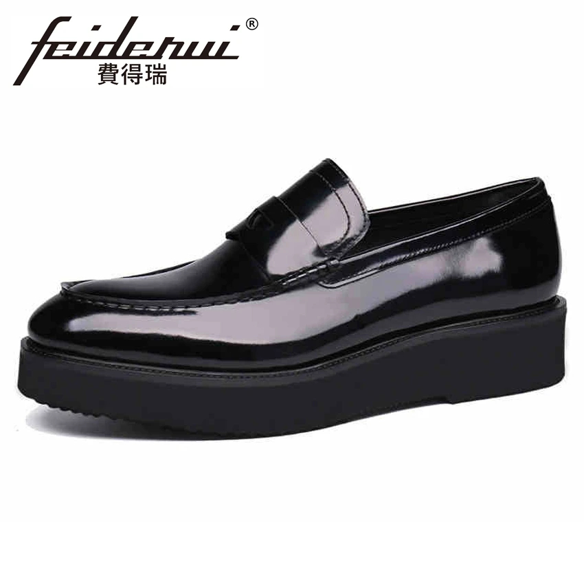 Basic Patent Leather Men's Height Increasing Loafers Round Toe Slip on Flat Platform Handmade Man Office Casual Shoes YMX358 | Обувь