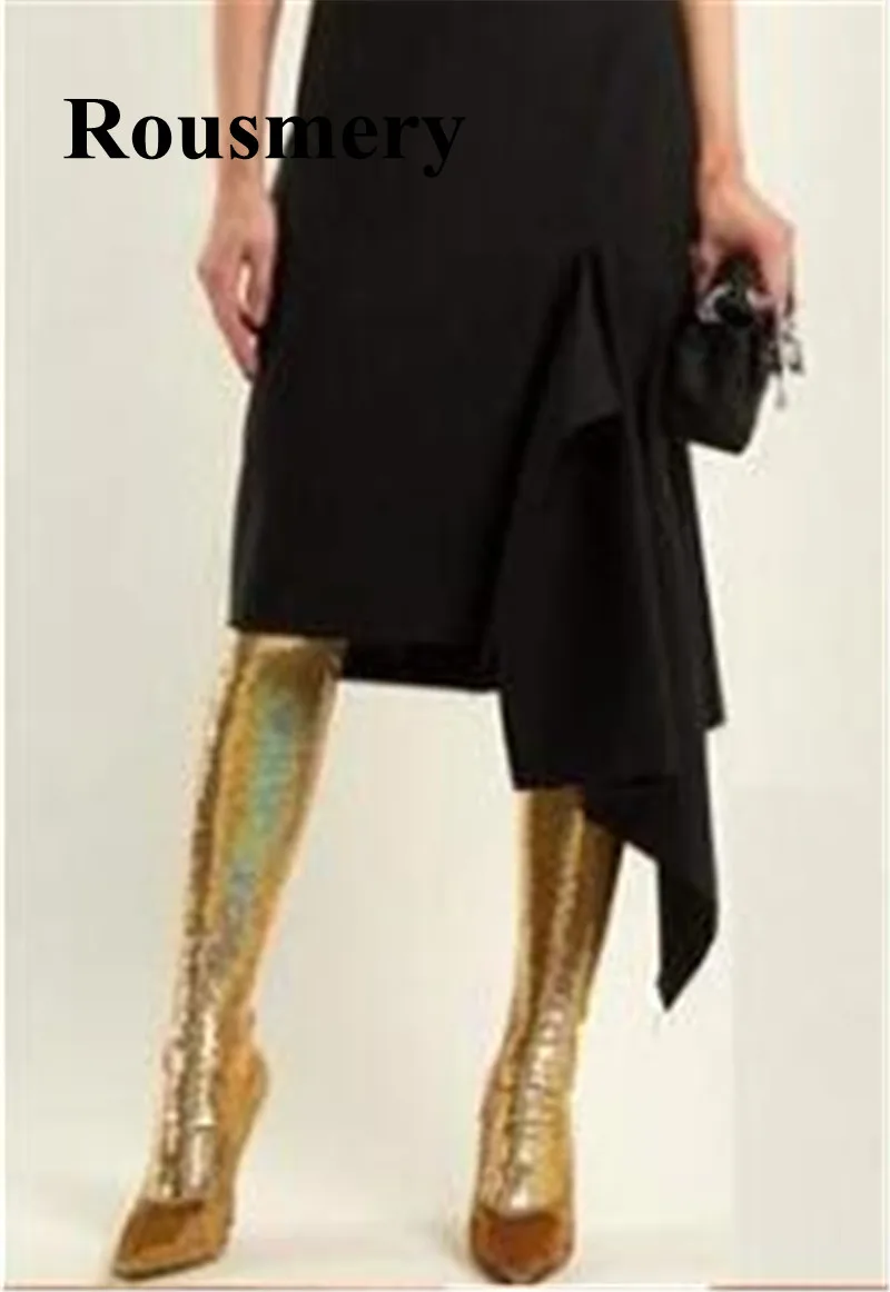 

2018 Fashion Pointed Toe Sexy Thin High Heel Bling Bling Sequined Cloth Elastic Fabric Short and Long Tube Solid Women Boots