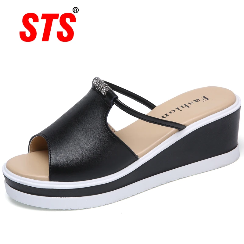 

New Fashion Women Slipper Sandals Heels Wedges Platform Leather Peep Toe Crystal Elegant Female Sandals Ladies Mules Clogs Shoes