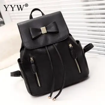 

YYW Soft Surface School Backpack For Girl Simple Design Bags Women Drawstring Bow Backpacks Shoulder Bags Lady Black Travel Bags