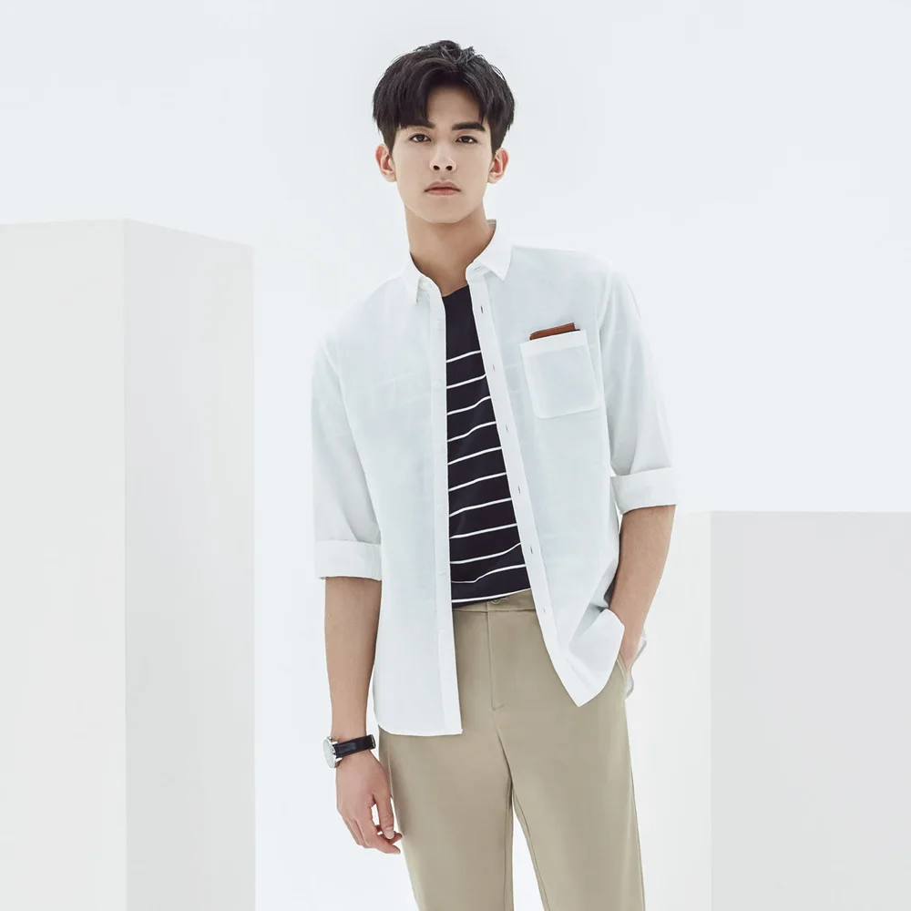 

Metersbonwe Men Short Sleeve Shirt Cotton Linen for Male 2019 New Trend Summer Solid Color Shirt Casual Shirt  