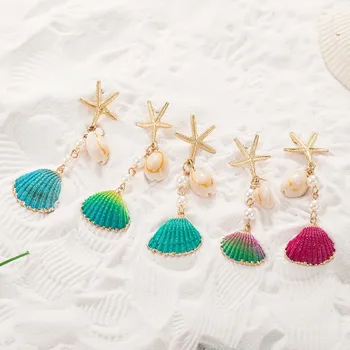 

JOUVAL Starfish Sea Shell Long Drop Earrings Women Gold Color Alloy Cowrie Dangle Earring With Pearl 2019 Summer Jewelry Brincos