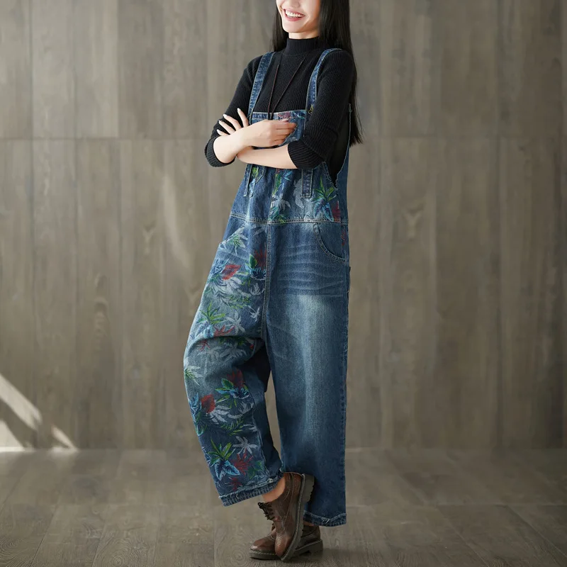 2019 для женщин Винтаж промывают широкие брюки нагрудник джинсовые комбинезоны Жан цветочный принт Комбинезоны для Женский Большой разм
