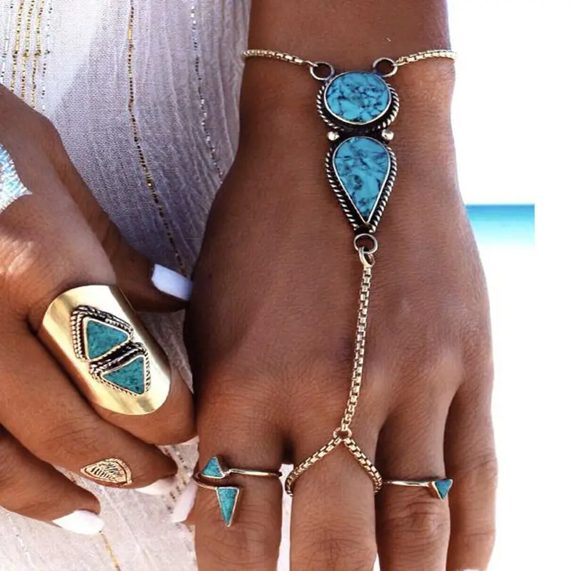 

Bohemian Beach Retro Ethnic Style Round Water Drops Green Pattern Stone Fingering Ancient Silver Bracelet Female Hand Jewelry