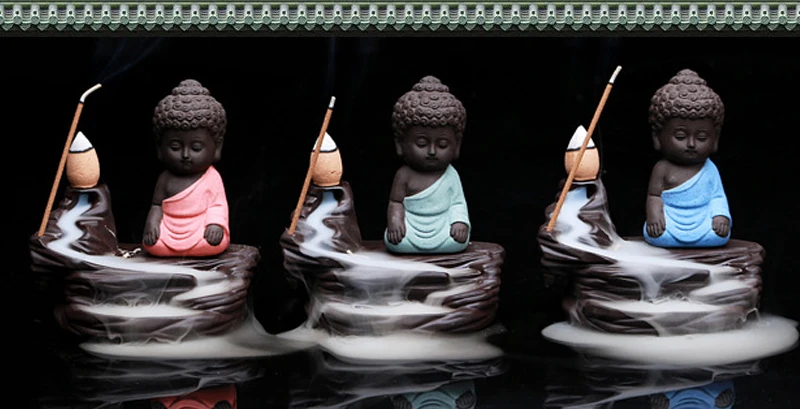 Backflow Incense Burner Ceramic Little Monk Stick Incense Holder Home Decor Aromatherapy Buddha Censer+ 20Pcs Incense Cones