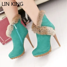 LIN KING New Style Faux Rabbit Fur Ankle Boots Women Winter High Heels Shoes Solid Warm Plush Snow Shoes Thin Heel Short Boot