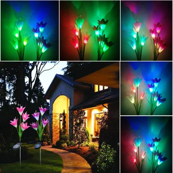 

Discoloration 4 Solar Lily LED Solar Flower Light 2 Pack Red and Purple 4 Head Color Solar Lily Lamp Decoration Lawn Lamp