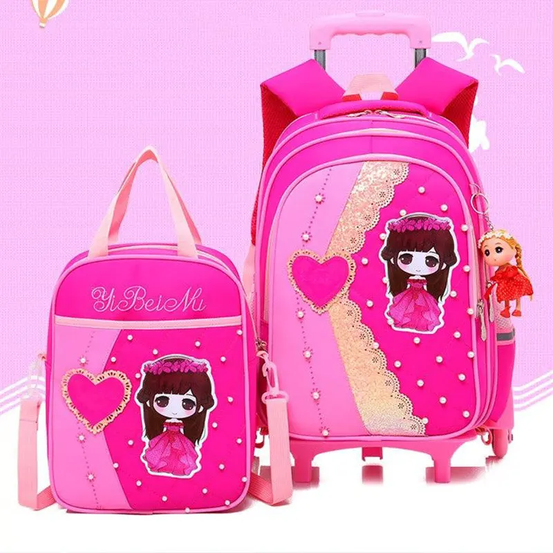 Мультяшный школьный рюкзак с 3 колесами для девочек, школьные сумки на колесиках с милым рисунком принцессы, Детские рюкзаки, водонепроницаемый нейлоновый рюкзак