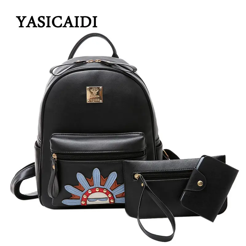 

New 2018 Women Backpack Leather Rivet Bag Ladies Shoulder Bags Girls School Book Bag Black Backpacks Mochila Bagpack 3 Pcs Sets