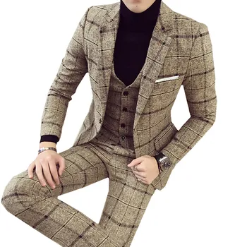 

England Style Mens 3 Piece Suits Slim Fit (Jacket+Vest+Pants) Set Modern Latest Coat Pants Designs plaid Wedding Suits M-5XL