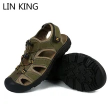 LIN KING/мужские летние сандалии в стиле ретро; большие размеры 50; однотонные римские из натуральной кожи пляжные сандалии дышащие уличные спортивные туфли для мужчин