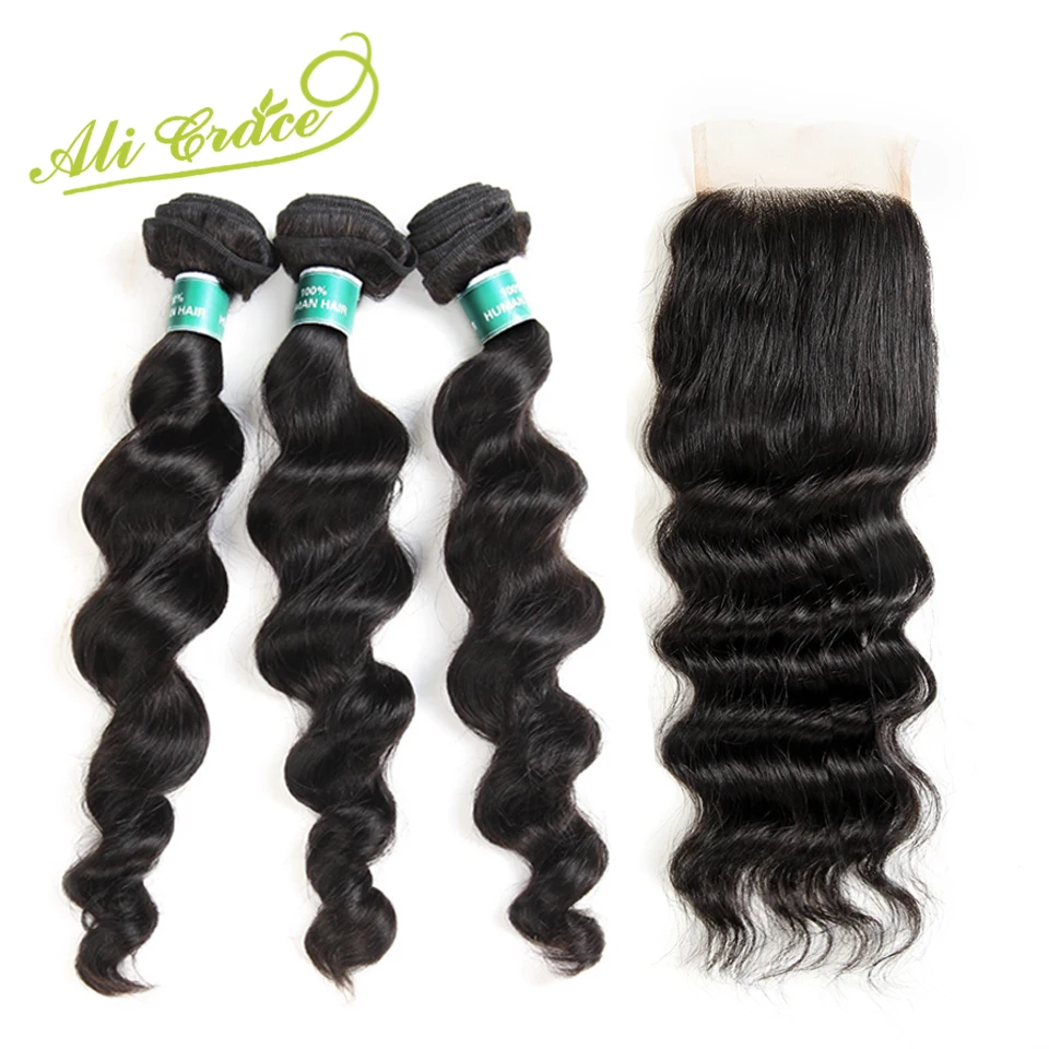 

Ali Grace Human Hair 3 Bundles With Closure 100% Remy Hair Malaysian Loose Wave Hair with 4*4 Hand Tied Lace Closure