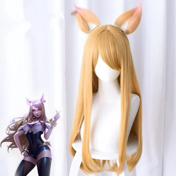 

LOL K/DA Ahri Cosplay Wig for Women Long Straight Heat Resistant Synthetic Hair Game Halloween Costume Party Wig Yellow