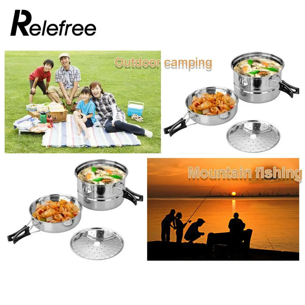 Cocina Picnic Pot fuerte campo de supervivencia traje plata 4 piezas acero inoxidable Caminata al aire libre pote utensilios de cocina de Camping vajilla viajes