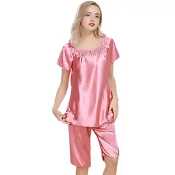 Новинка 2017 года искусственного шелка пижамы два комплекта с Брюки для девочек костюм Леди Летняя Домашняя одежда пижамы женские Lounge сон