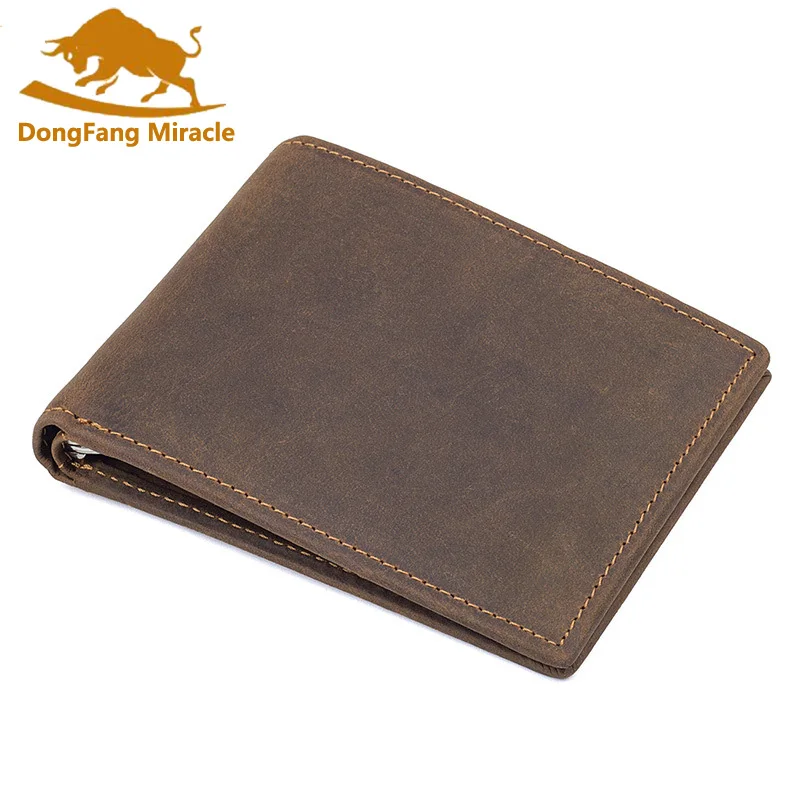 

Brand Vintage Men Crazy Horse Leather Wallet Genuine Leather Brown Slim Wallet Causal Vintage Front Pocket Money Clip RFID