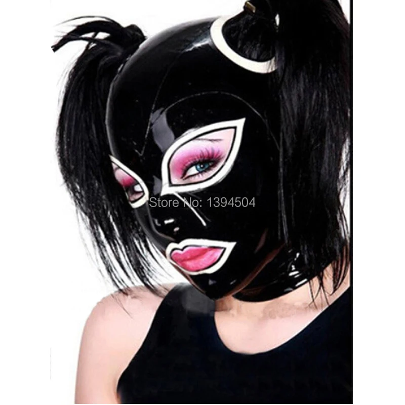 

sexy latex hoods latex mask open mask Women Black and white sexy fetish latex hood with double ponytails holes free shipping